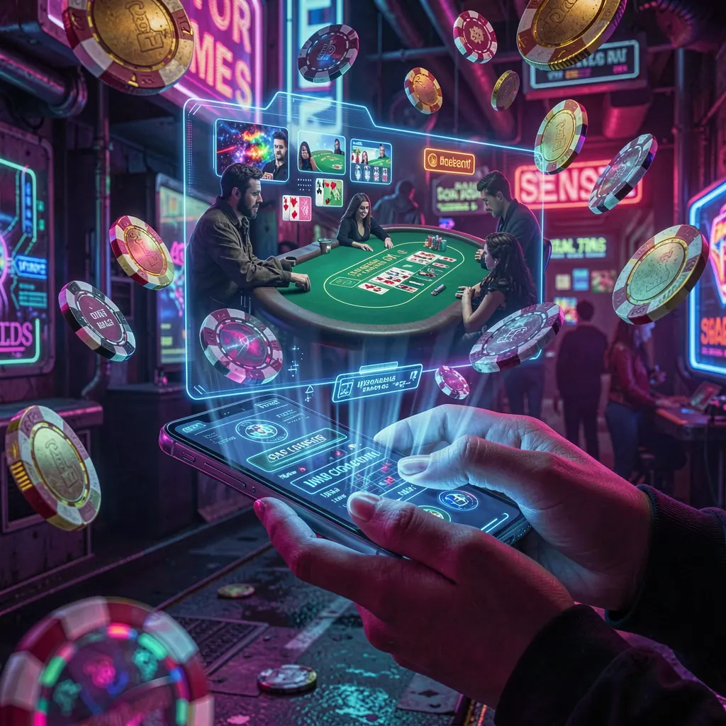H196A mobile casino app with glowing chips and holographic casino elements floating above a smartphone in a futuristic gaming scene
