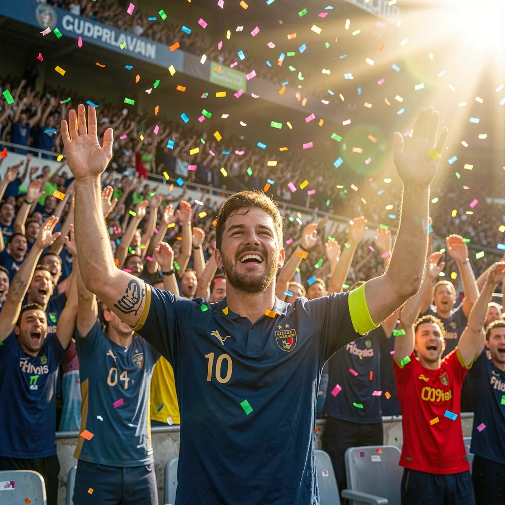 Soccer player celebrating a winning goal with raised arms and cheering fans symbolizing big match victories and betting wins on H196A in Vietnam