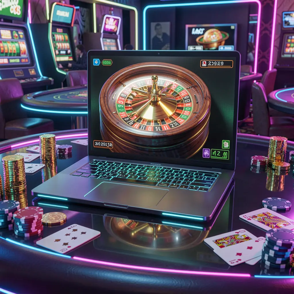 Sleek laptop displaying a vibrant roulette wheel beside stacks of coins and casino chips highlighting the immersive online casino atmosphere of H196A in Vietnam