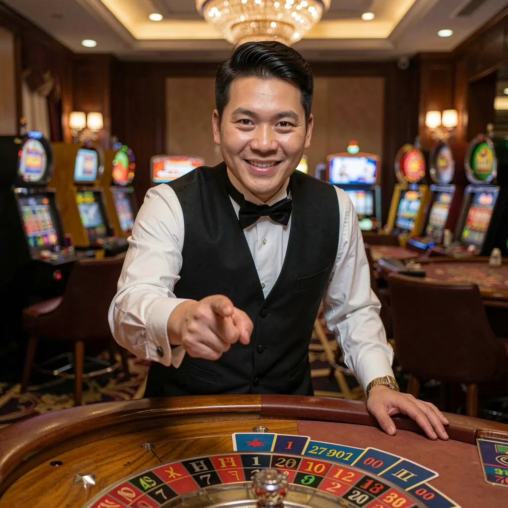 Friendly Vietnamese casino dealer pointing forward with a smile near a roulette table and slot machines inside the H196A casino environment